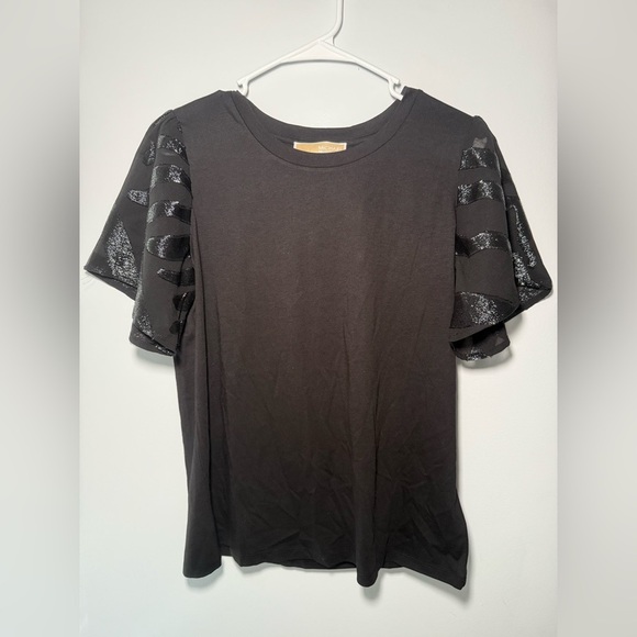 Michael Kors Black Boxy T-Shirt with Embellished Short Sleeves - Picture 1 of 8